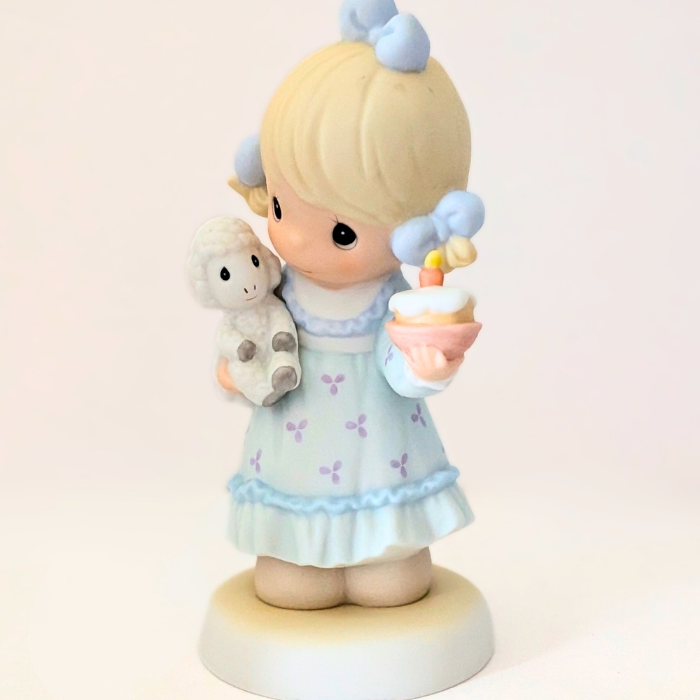 Vintage Precious Moments Figurine | Girl with Lamb, Birthday Cupcake